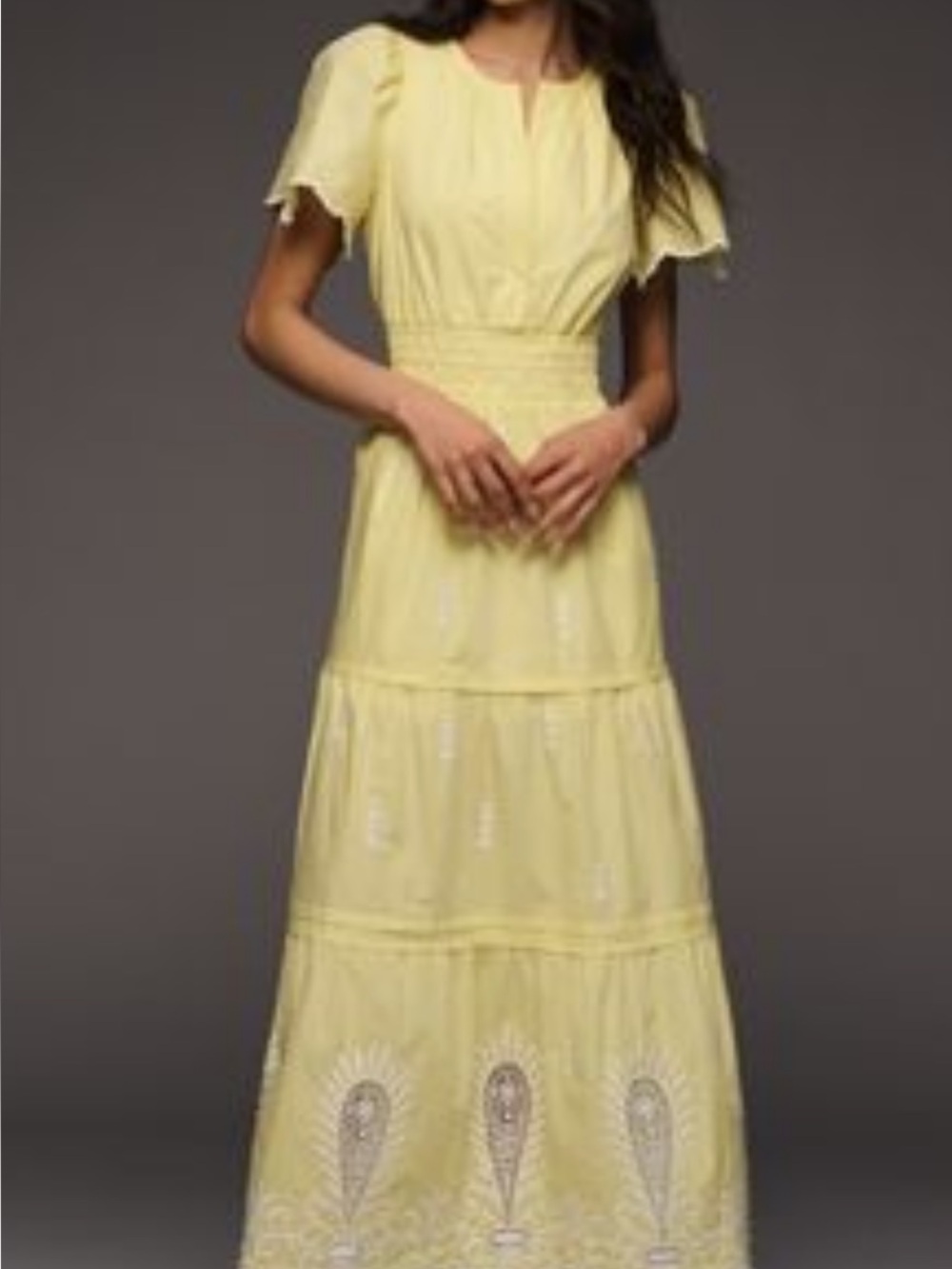 Anthropologie Yellow Embroidered Tiered Midi Dress - Women's